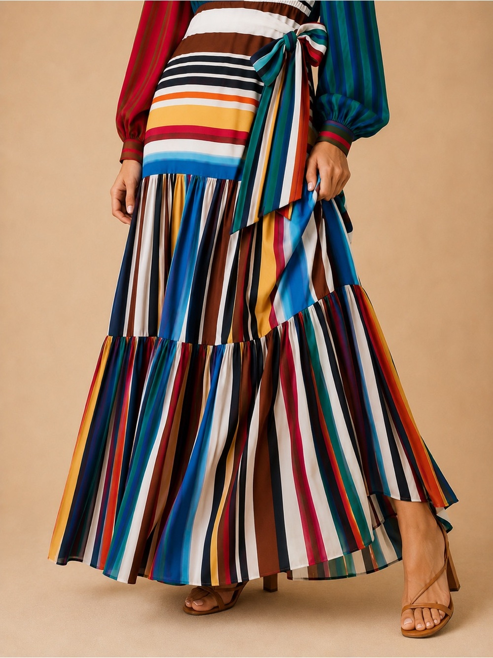 Farm Rio Thalita Stripe Multicolor Flowy Belted V-Neck Tiered Maxi Dress NWT - Picture 3 of 8